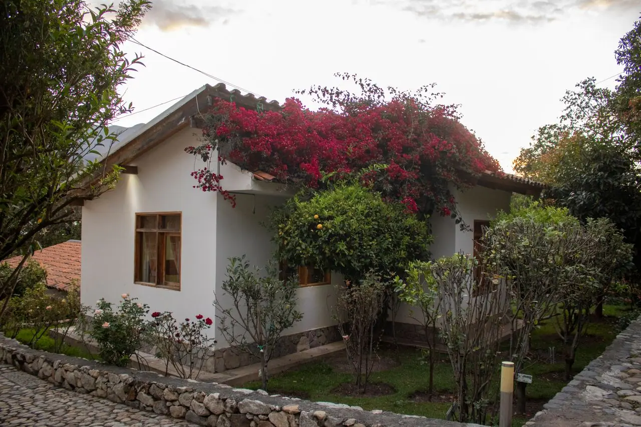 White-walled bungalow among gardens and a stone wall