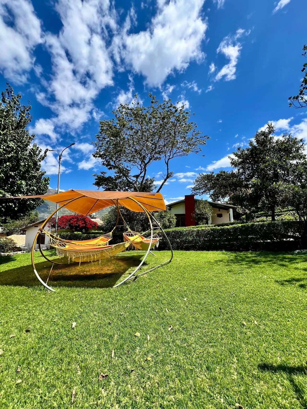 Hammock area on the lawn under a blue sky