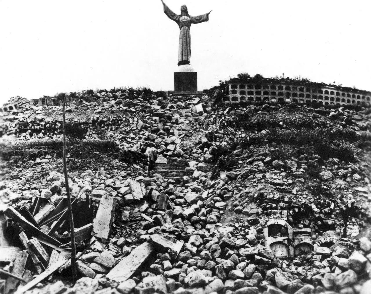 Statue of Christ on Yungay’s Cemetery Hill after the 1970 landslide (historic photo)
